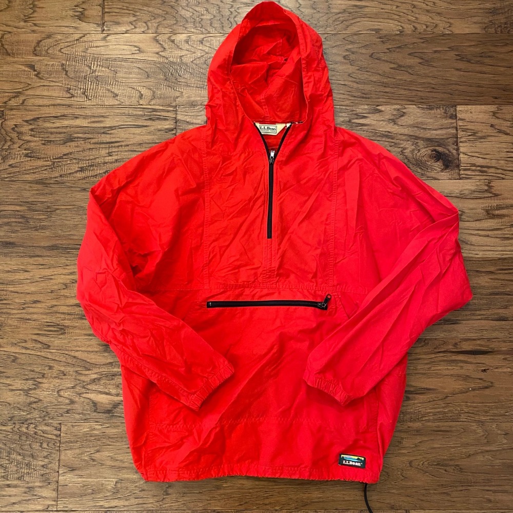 LL Bean Anorak Windbreaker Mens Large Red Vintage Quarter Zip Hooded Pullover
